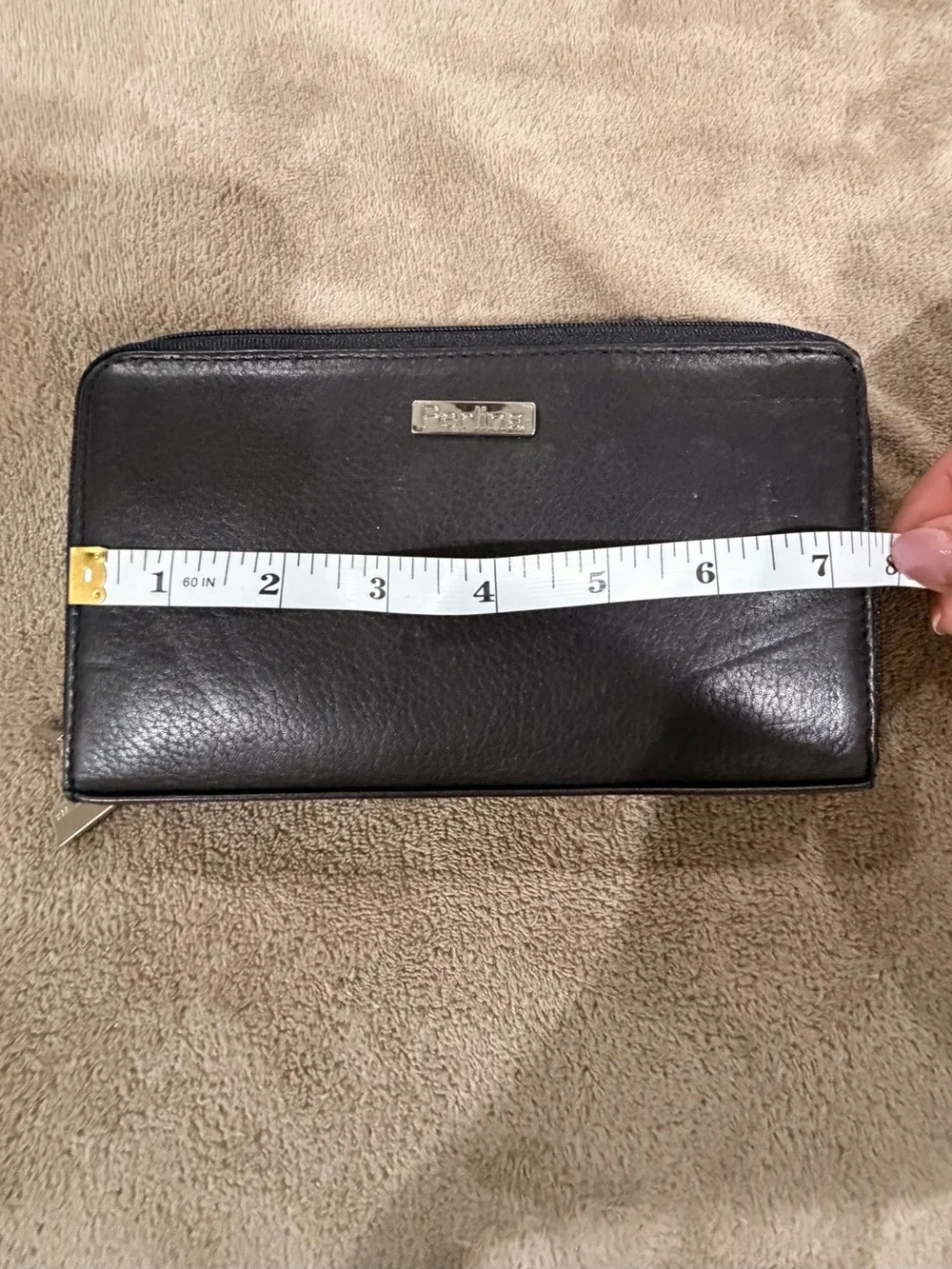 Perlina Black Leather Zip-Around Wallet with Metal Logo